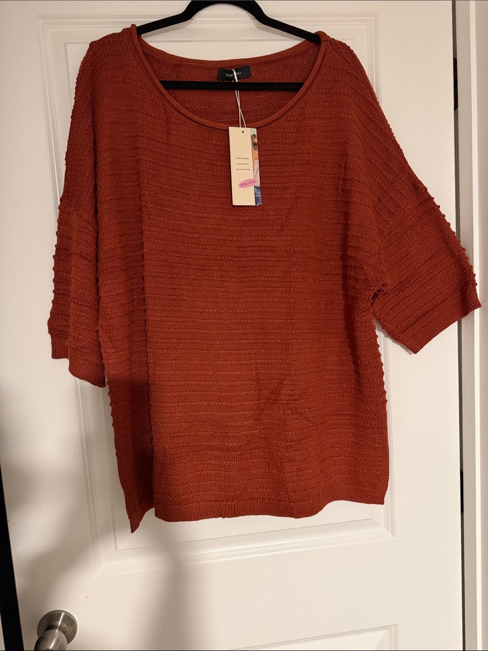 Cozy Textured Short-Sleeve Sweater- Rust